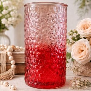 Large 9.5" Ruby Red Gradient Art Glass Vase Honeycomb Pattern, Vintage Glass